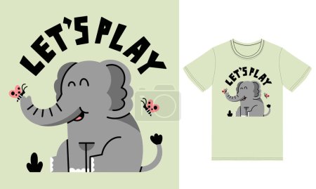 Ilustración de Lindo elefante jugando con la ilustración de la mariposa con el diseño de la camiseta vector premium - Imagen libre de derechos