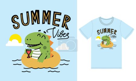 Illustration for Cute summer dinosaur illustration with tshirt design premium vector - Royalty Free Image