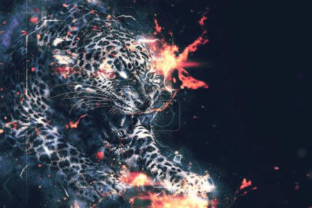 Téléchargez les photos : Tigre en colère dans les flammes du feu sur fond noir - en image libre de droit