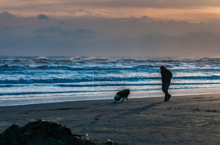 Téléchargez les photos : Homme se promenant sur la plage au lever du soleil - en image libre de droit