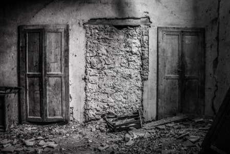 Photo for Abandoned country house, abandoned farm house, facade, trash, ruins, abandoned room, bombed house, house after war, war ruins, door, - Royalty Free Image