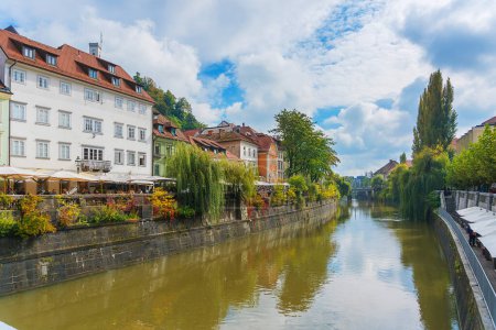 Téléchargez les photos : Canal de Ljubljana, pont et façades colorées des bâtiments - en image libre de droit