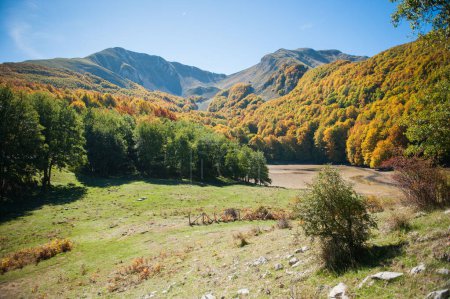 Foto de El bosque y el lago en el período de otoño en follaje completo, valle de la montaña con lago y bosque en el período de otoño del follaje - Imagen libre de derechos