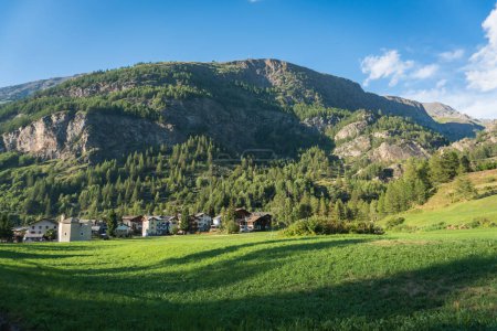 Téléchargez les photos : Vallée alpine avec bâtiments et vue sur le village - en image libre de droit