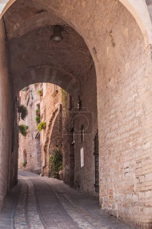 Photo for Alley with decorative flowers in the historic center of a medieval town in Umbria Italy - Royalty Free Image