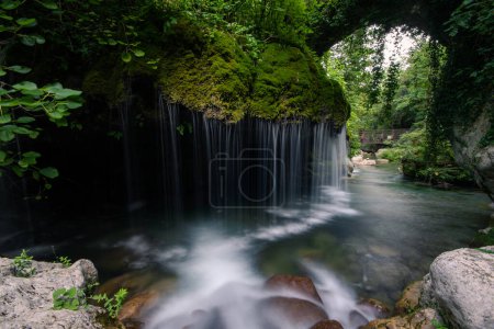 Photo for The river flows downstream through the wilderness forest creating waterfalls flowing over rocks covered with green, yellow and red moss. Lost places for adventures - Royalty Free Image