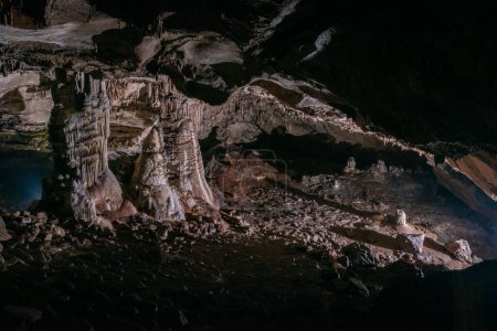 Photo for Large central chamber of the cave with columns of stalactites and stalagmites - Royalty Free Image