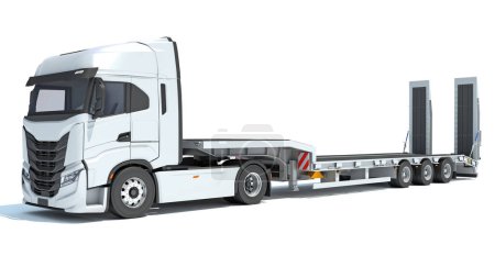 Semi Truck con plataforma Lowboy Trailer modelo de renderizado 3D sobre fondo blanco