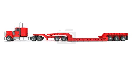 Foto de Camión pesado rojo con modelo de renderizado 3D Lowboy Trailer sobre fondo blanco - Imagen libre de derechos