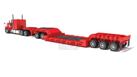 Foto de Camión pesado rojo con modelo de renderizado 3D Lowboy Trailer sobre fondo blanco - Imagen libre de derechos