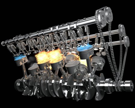 Téléchargez les photos : V12 Moteur pistons Allumage sur fond noir Modèle de rendu 3D - en image libre de droit