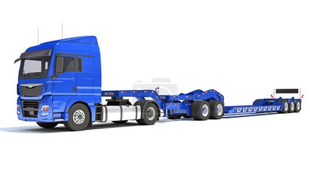 Foto de Semi Truck con plataforma Lowboy Trailer modelo de renderizado 3D sobre fondo blanco - Imagen libre de derechos
