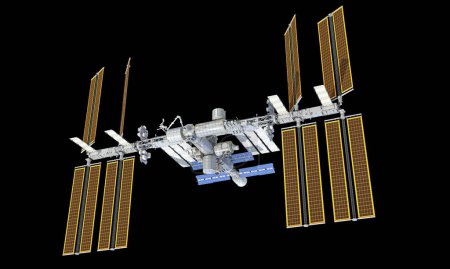 Téléchargez les photos : Station spatiale internationale ISS modèle de rendu 3D sur fond noir - en image libre de droit