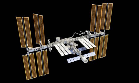 Téléchargez les photos : Station spatiale internationale ISS modèle de rendu 3D sur fond noir - en image libre de droit