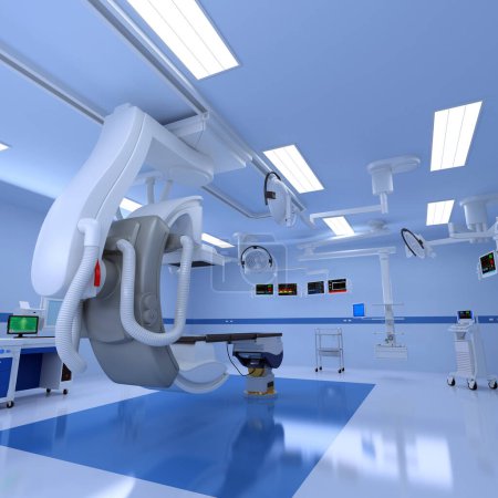 Téléchargez les photos : Hôpital médical hybride salle d'opération modèle de rendu 3D sur fond blanc - en image libre de droit