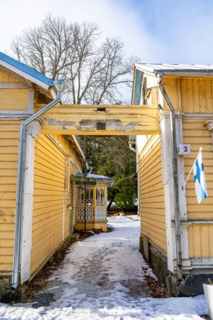 Photo for Naantali, Finland - March 21, 2023 : Historical village in wintertime, HDR Image - Royalty Free Image