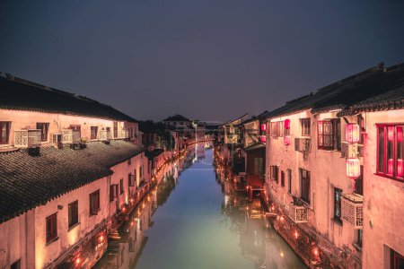 Photo for Suzhou, China - 1 December 2023: Scenic view of the city center by night-time - Royalty Free Image