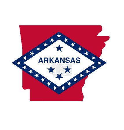 Téléchargez les illustrations : Arkansas forme de carte d'état avec logo drapeau - en licence libre de droit