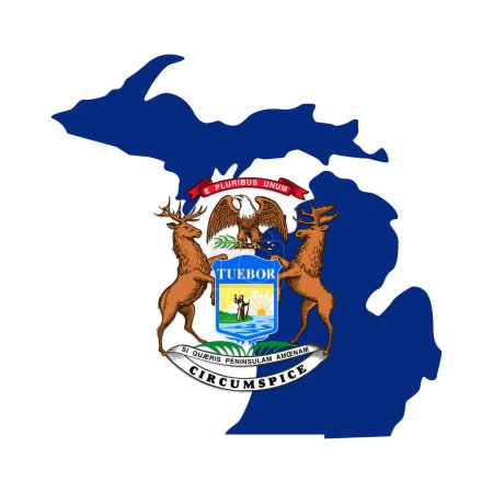 Illustration for Michigan flag in state map shape - Royalty Free Image