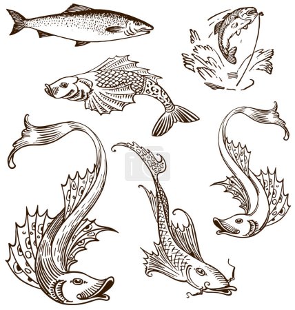 Téléchargez les illustrations : Divers ensemble d'illustration de poisson vintage rétro - en licence libre de droit