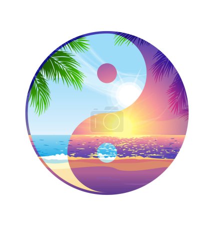 Ilustración de Símbolo yin yang con día y noche de playa - Imagen libre de derechos