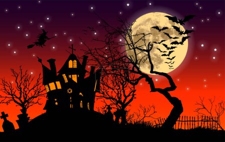 Illustration for Haunted halloween house with bats and witch - Royalty Free Image