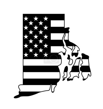 Téléchargez les illustrations : Forme de carte d'état de l'île de rhode avec drapeau des États-Unis noir et blanc - en licence libre de droit