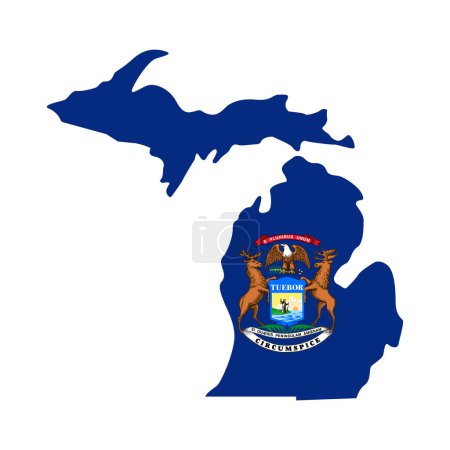 Illustration for Michigan flag in state map shape - Royalty Free Image