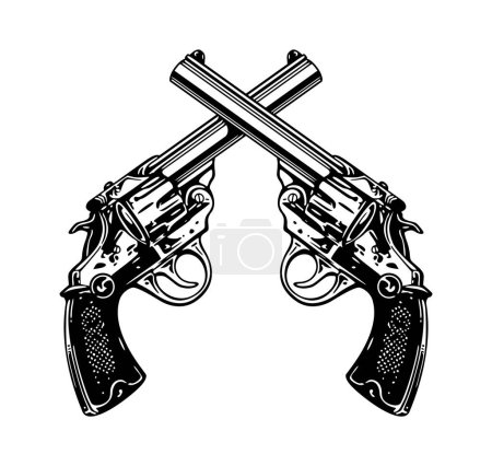 Illustration for Twin crossed revolvers pistols black and white - Royalty Free Image