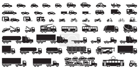 Ilustración de Gran conjunto de sencillos iconos de siluetas de vehículos - Imagen libre de derechos