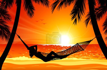 Illustration for Woman in hammock tropical beach sunset - Royalty Free Image
