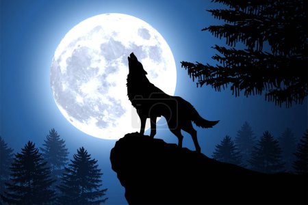 aullando silueta de lobo por bosque de luna llena