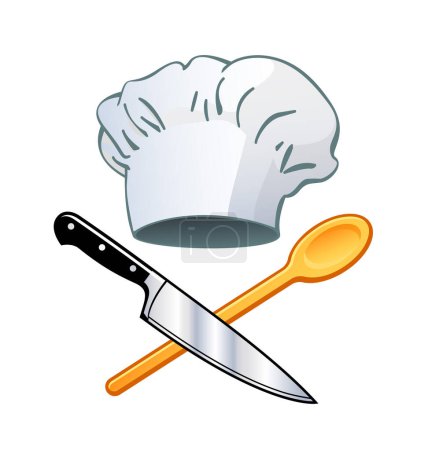 Illustration for Chefs hat toque blanche wooden spoon knife - Royalty Free Image