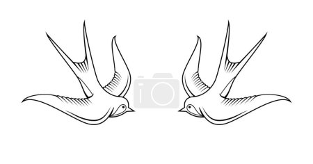 Ilustración de Clásico aves gemelas golondrinas tatuaje contorno - Imagen libre de derechos