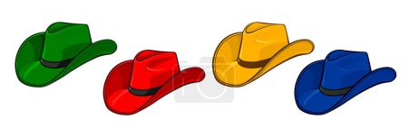 Illustration for Cartoon cowboy stetson hat bright colors yellow red blue green set of 4 vector transparent background - Royalty Free Image