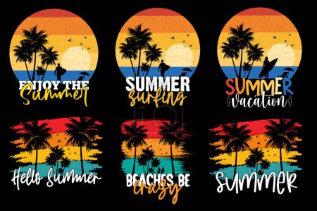 Téléchargez les illustrations : T-shirt vintage d'été rétro Design, t-shirts de vacances à la plage d'été, t-shirt de surf d'été design vectoriel - en licence libre de droit