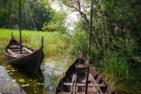 Téléchargez les photos : Vue panoramique du lac avec deux vieux bateaux en bois - en image libre de droit