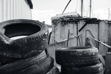 close-up of several tires at a scrap yard