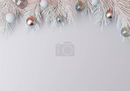Foto de Fondo blanco de Navidad con ramas de abeto y decoraciones navideñas. vista superior, plano, espacio para copiar. Renderizado 3D - Imagen libre de derechos