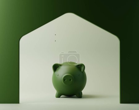 Téléchargez les photos : 3D Green Piggybank. Cadre en forme de maison. Finance respectueuse de l'environnement, épargne domestique. Rendu 3d. - en image libre de droit