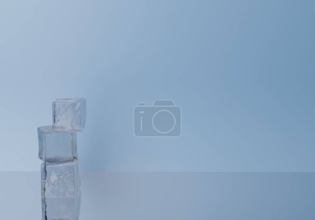 Icy Light blue Minimal surface background. 3D Illustration of groups of ice cubes on empty table shelf for elegant product presentation. 3D Render