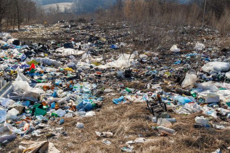 Eine natürliche Mülldeponie für Müll, gebrauchte Plastikflaschen, Tüten und andere Abfallarten.
