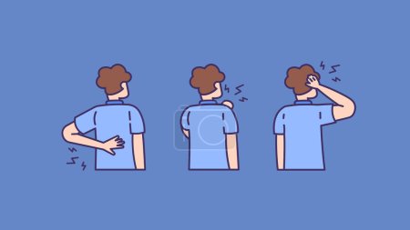 Illustration for Shoulder pain, headache, backache. a collection or set of illustrations of male characters holding head, shoulders and back in pain. stiff muscles. health problems. cartoon and outline style. people - Royalty Free Image