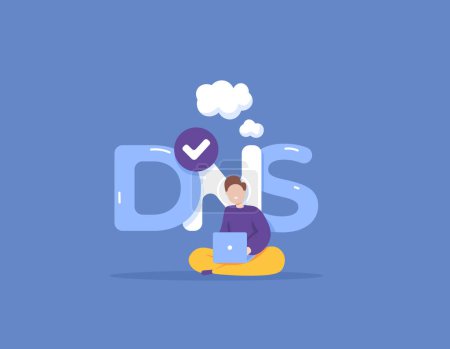 DNS or Domain Name System. explore the virtual world with the internet. a man using a laptop and using a public dns server. secure network and technology. illustration concept design. graphic elements