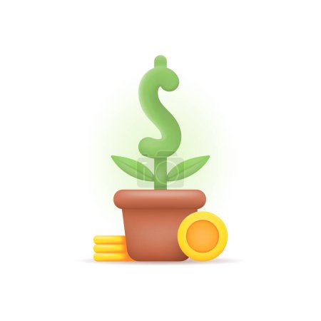 Ilustración de Símbolos de plantas, macetas y monedas. conjunto de iconos sobre inversión, crecimiento económico y financiero. 3d y diseño realista. elementos gráficos - Imagen libre de derechos