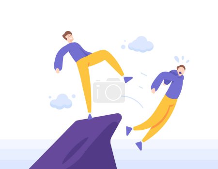 traitor and betrayer, enemy in cover, evil partner or friend, revenge. a businessman kicks a business partner or coworker into the abyss. fell off a cliff. illustration concept design. graphic element