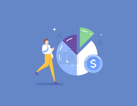 financial management. make a budget plan or planning about expenses and income. managing finances and revenue sharing. a businessman who analyzes data from a pie chart. illustration concept design
