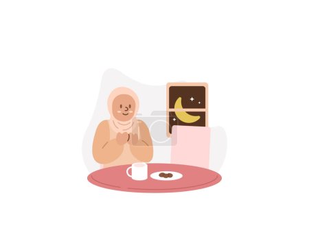 Téléchargez les illustrations : Une musulmane prie d'abord avant de rompre le jeûne. Priez avant de manger. Vite ! Activités populaires dans le mois du Ramadan. illustration conception de concept. éléments vectoriels du ramadan - en licence libre de droit