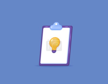 Illustration for List of ideas and inspiration, creative and innovative. a clipboard and a light bulb. an image of a lamp in the clipboard. icon or symbol. 3d and realistic concept design. vector elements - Royalty Free Image