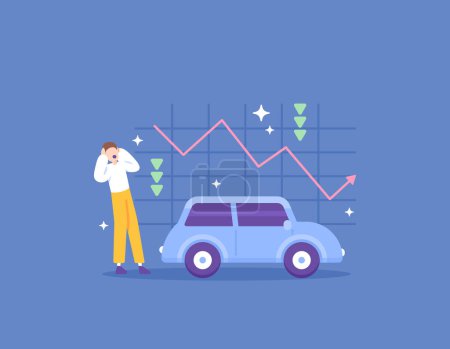 Illustration for Car prices are down. an investor was shocked and panicked because the stock price of the car company he invested in had dropped drastically. Stocks are in decline. investment issues. illustration - Royalty Free Image